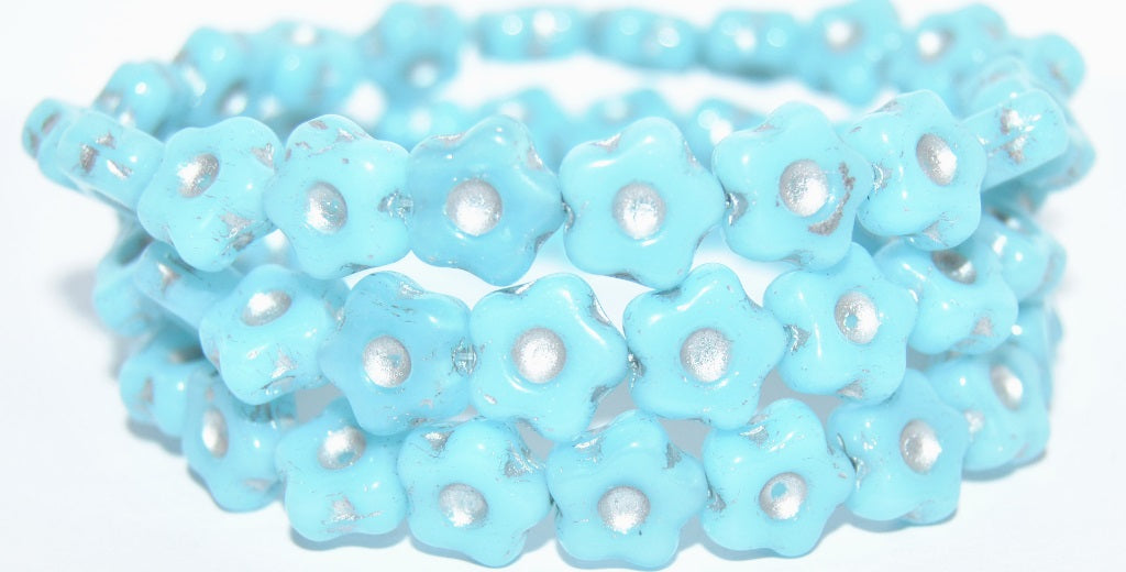 Simple Flower Pressed Glass Beads, Opal Aqua Silver Lined (61300-54201), Glass, Czech Republic