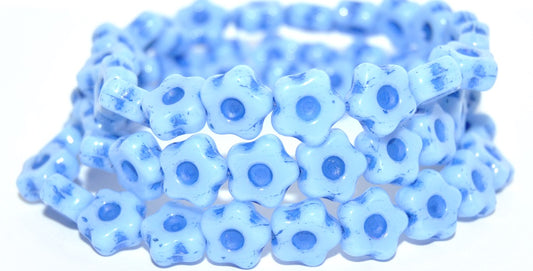 Simple Flower Pressed Glass Beads, Opaque Blue Blue Lined (33100-46430), Glass, Czech Republic