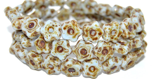 Simple Flower Pressed Glass Beads, Opaque Blue Travertin Mat (33100-86800-MAT), Glass, Czech Republic