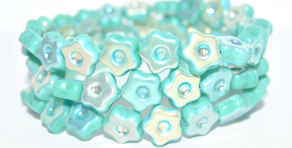Simple Flower Pressed Glass Beads, Turquise Ab 2Xside (63140-AB-2XSIDE), Glass, Czech Republic