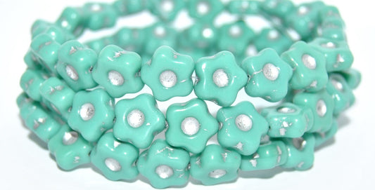 Simple Flower Pressed Glass Beads, Turquise Silver Lined (63140-54201), Glass, Czech Republic