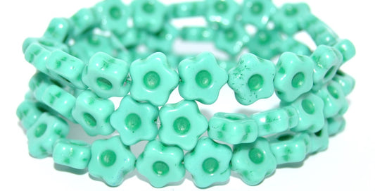 Simple Flower Pressed Glass Beads, Turquise Green Lined (63140-46450), Glass, Czech Republic