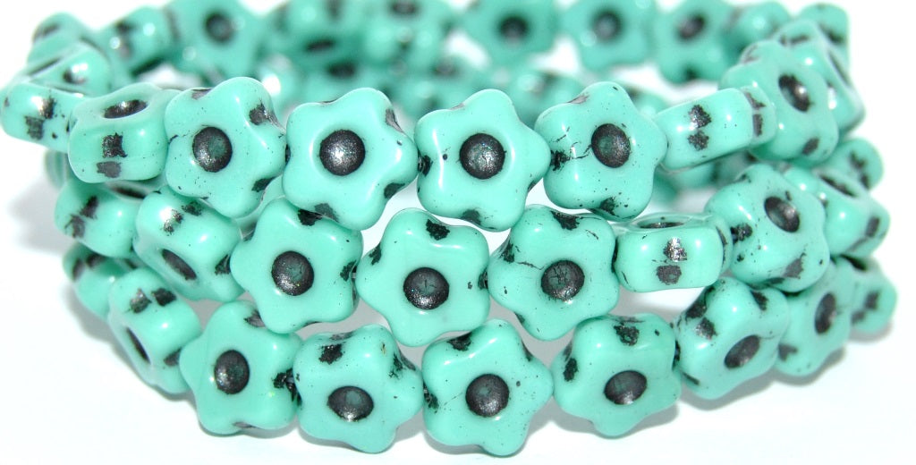 Simple Flower Pressed Glass Beads, Turquise 43815 Metalic (63140-43815-METALIC), Glass, Czech Republic