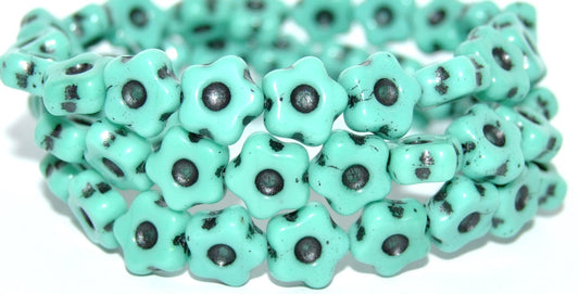 Simple Flower Pressed Glass Beads, Turquise 43815 Metalic (63140-43815-METALIC), Glass, Czech Republic