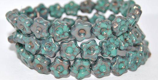 Simple Flower Pressed Glass Beads, Turquise 15415 (63140-15415), Glass, Czech Republic