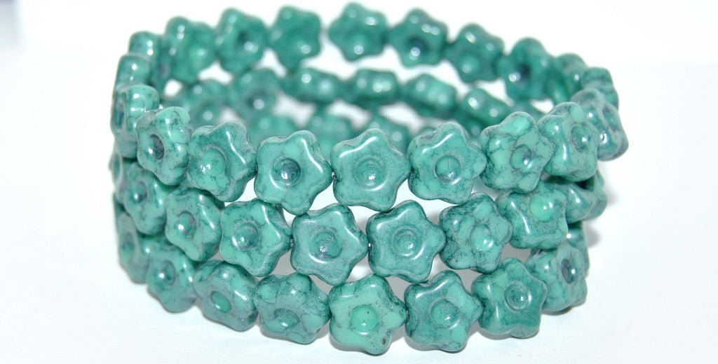 Simple Flower Pressed Glass Beads, Turquise Terracotta Blue (63140-15464), Glass, Czech Republic