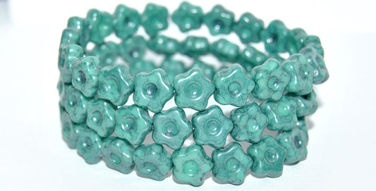 Simple Flower Pressed Glass Beads, Turquise Terracotta Blue (63140-15464), Glass, Czech Republic