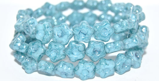 Simple Flower Pressed Glass Beads, Opal Aqua Terracotta Blue (61300-15464), Glass, Czech Republic