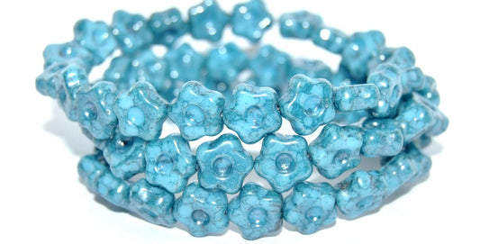 Simple Flower Pressed Glass Beads, Turquoise Blue Terracotta Blue (63030-15464), Glass, Czech Republic