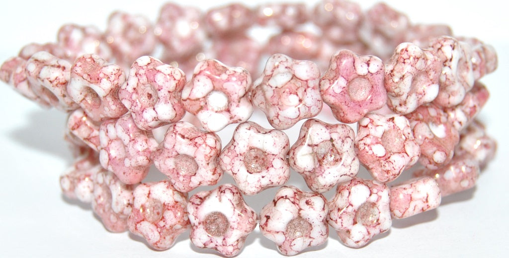 Simple Flower Pressed Glass Beads, White Terracotta Red (02010-15495), Glass, Czech Republic