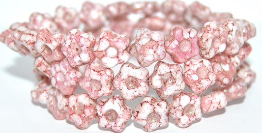 Simple Flower Pressed Glass Beads, White Terracotta Red (02010-15495), Glass, Czech Republic