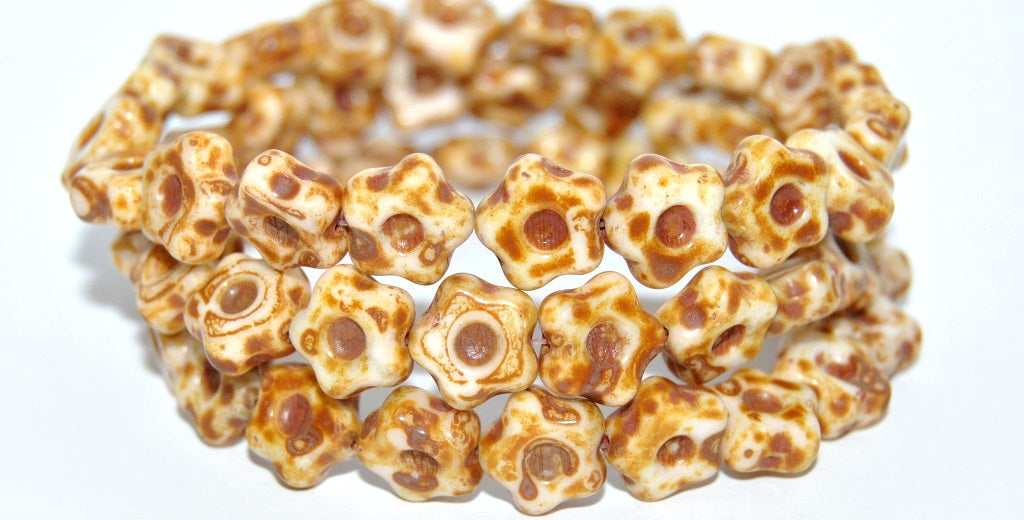 Simple Flower Pressed Glass Beads, White Travertin (02010-86800), Glass, Czech Republic