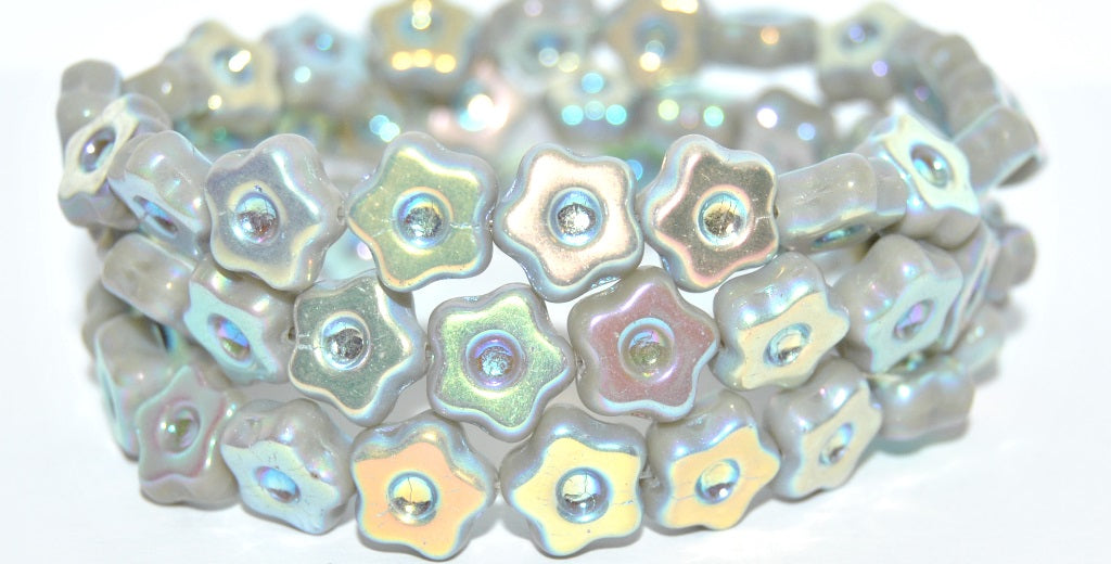 Simple Flower Pressed Glass Beads, Opaque Gray Ab 2Xside (43020-AB-2XSIDE), Glass, Czech Republic