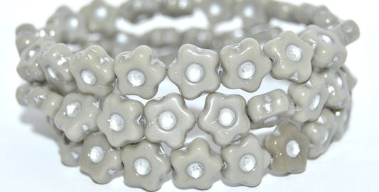 Simple Flower Pressed Glass Beads, Opaque Gray Silver Lined (43020-54201), Glass, Czech Republic