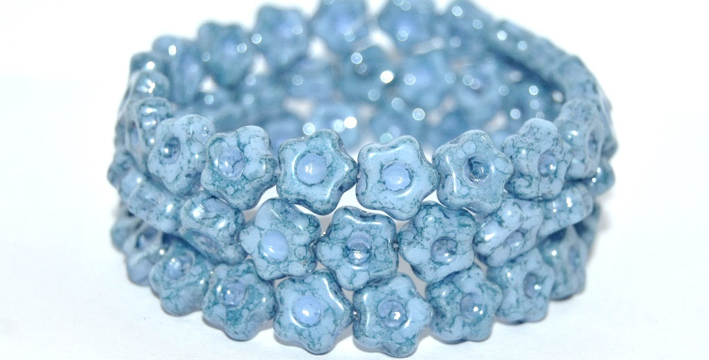 Simple Flower Pressed Glass Beads, Opaque Blue Terracotta Blue (33100-15464), Glass, Czech Republic