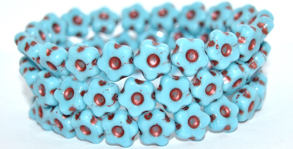 Simple Flower Pressed Glass Beads, Turquoise Blue Copper Lined Metalic (63030-43806-METALIC), Glass, Czech Republic