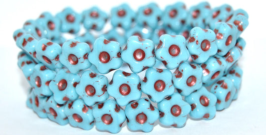 Simple Flower Pressed Glass Beads, Turquoise Blue Copper Lined Metalic (63030-43806-METALIC), Glass, Czech Republic