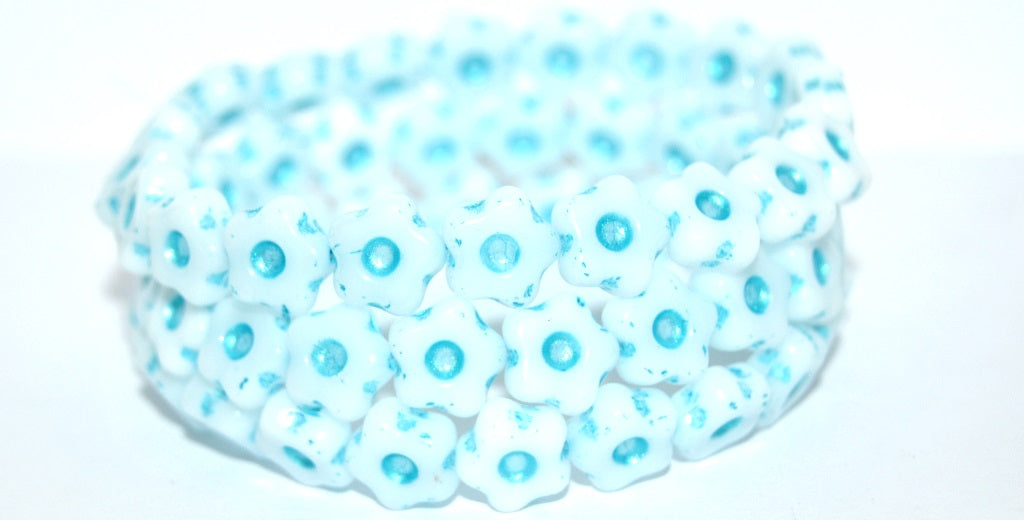 Simple Flower Pressed Glass Beads, White Light Blue Lined Metalic (02010-43811-METALIC), Glass, Czech Republic