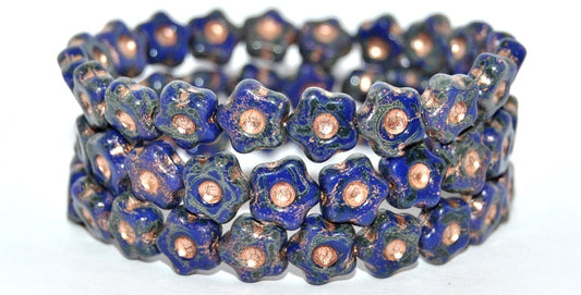 Simple Flower Pressed Glass Beads, Rich Blue 86 Copper Lined (33060-86-54200), Glass, Czech Republic