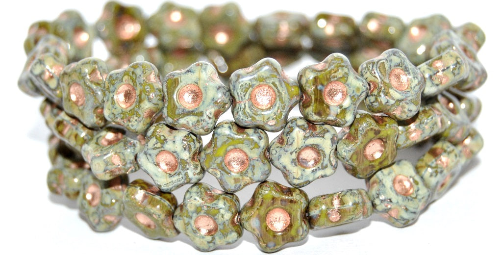 Simple Flower Pressed Glass Beads, Opaque Green 86 Copper Lined (53400-86-54200), Glass, Czech Republic