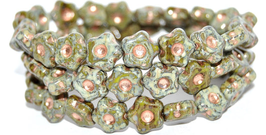 Simple Flower Pressed Glass Beads, Opaque Green 86 Copper Lined (53400-86-54200), Glass, Czech Republic