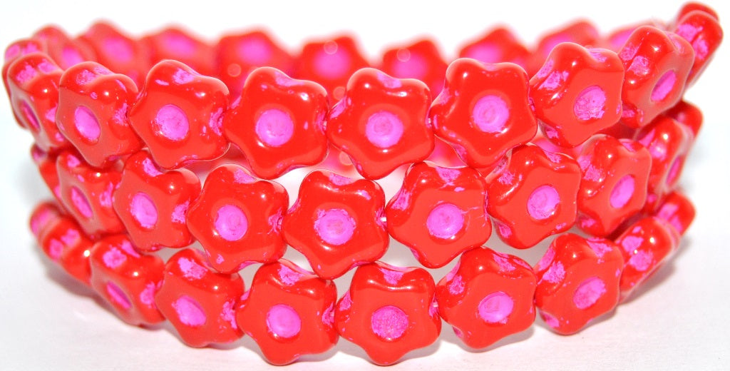 Simple Flower Pressed Glass Beads, Opaque Red Pink Lined (93200-46470), Glass, Czech Republic