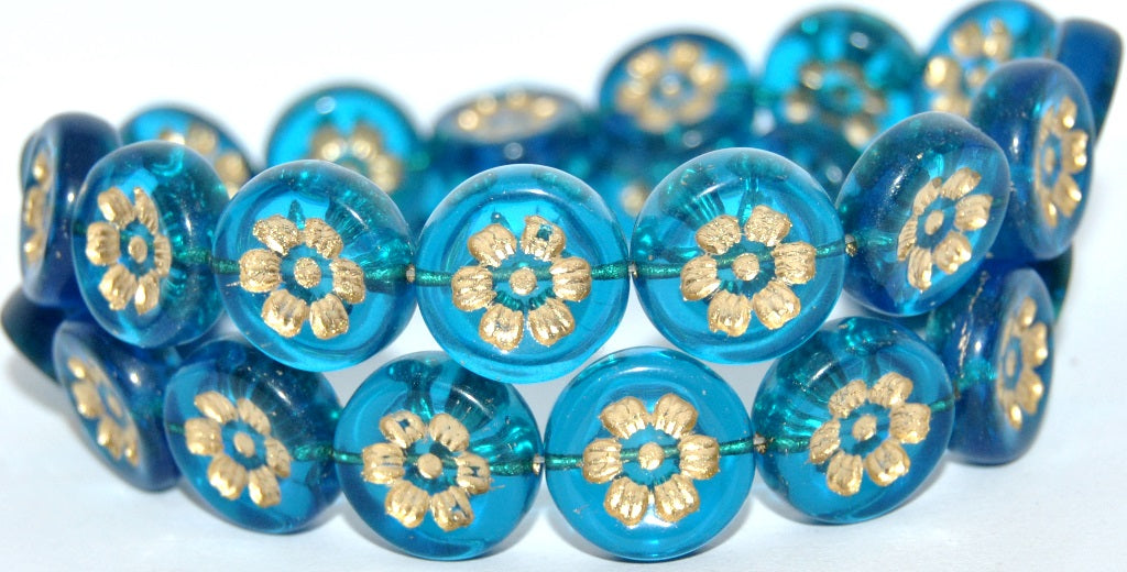 Round Flat With 6-Petal Flower Pressed Glass Beads, Transparent Aqua Gold Lined (60050-54202), Glass, Czech Republic