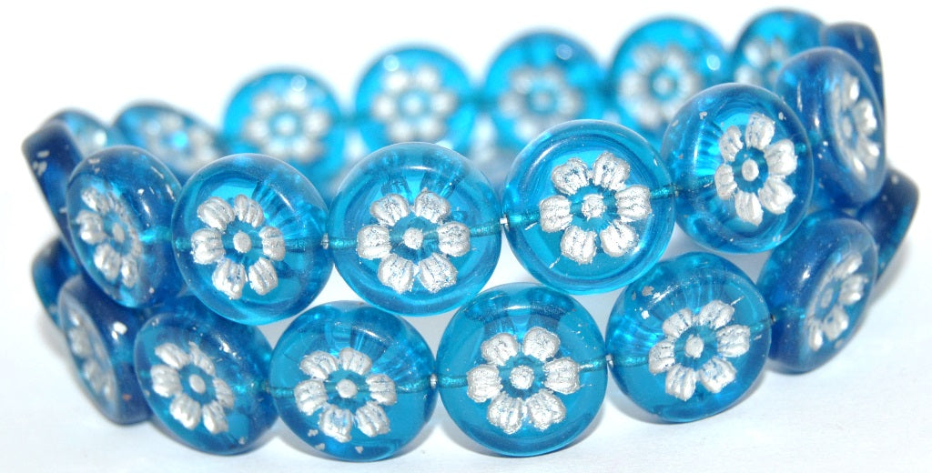 Round Flat With 6-Petal Flower Pressed Glass Beads, Transparent Aqua Silver Lined (60050-54201), Glass, Czech Republic