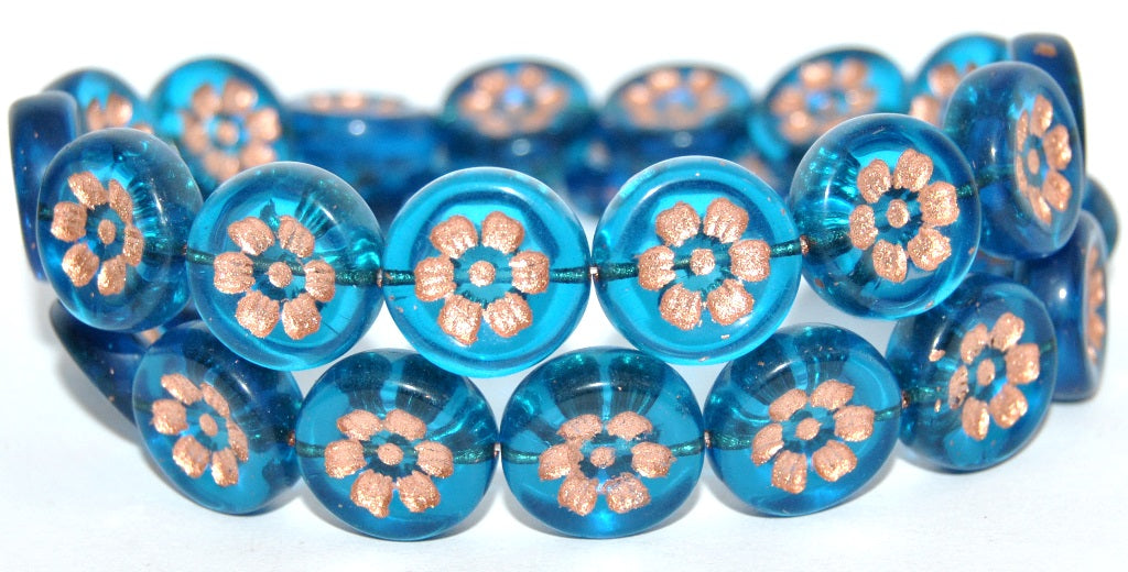 Round Flat With 6-Petal Flower Pressed Glass Beads, Transparent Aqua Copper Lined (60050-54200), Glass, Czech Republic