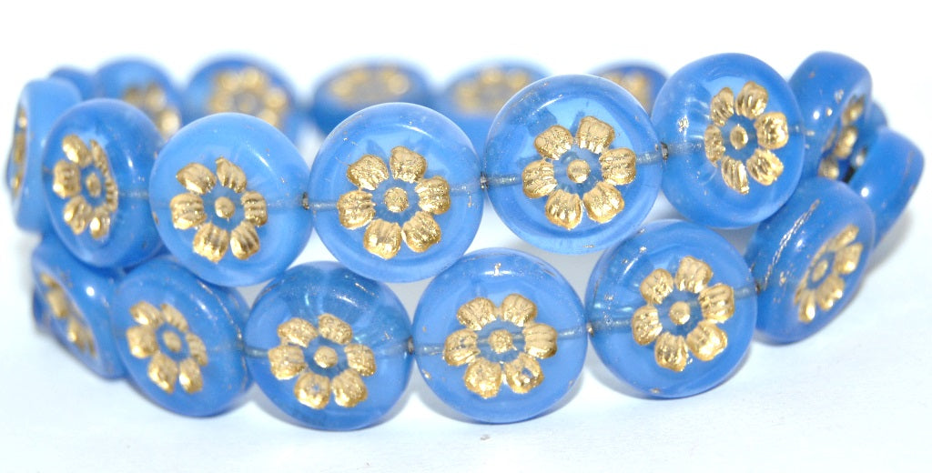 Round Flat With 6-Petal Flower Pressed Glass Beads, Opaque Blue Gold Lined (33020-54202), Glass, Czech Republic