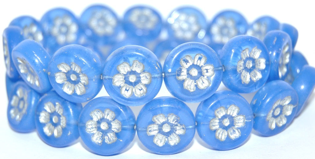 Round Flat With 6-Petal Flower Pressed Glass Beads, Opaque Blue Silver Lined (33020-54201), Glass, Czech Republic