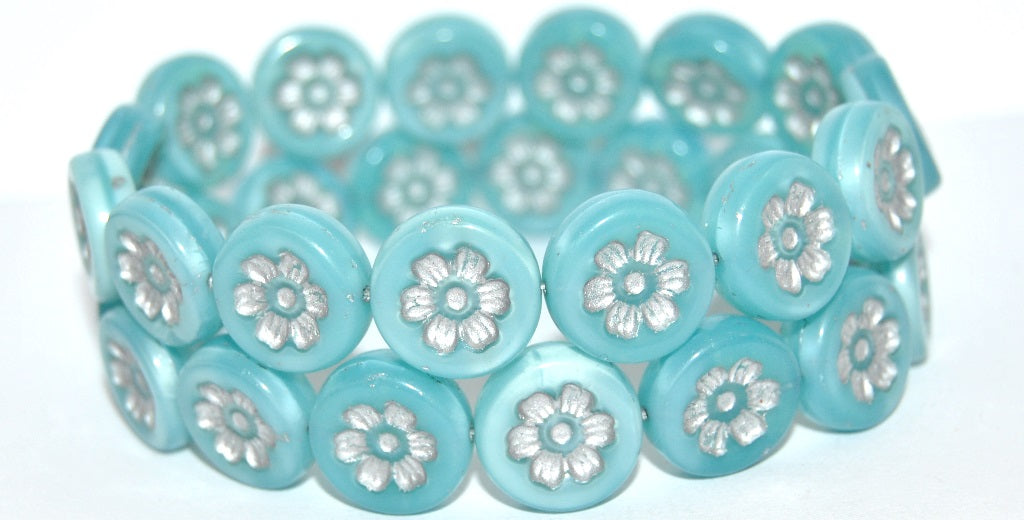 Round Flat With 6-Petal Flower Pressed Glass Beads, Opal Aqua Silver Lined (61300-54201), Glass, Czech Republic