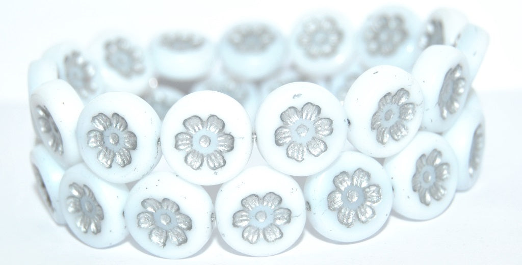 Round Flat With 6-Petal Flower Pressed Glass Beads, White Silver Lined (02010-54201), Glass, Czech Republic