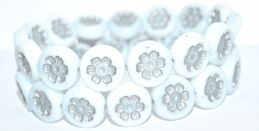 Round Flat With 6-Petal Flower Pressed Glass Beads, White Silver Lined (02010-54201), Glass, Czech Republic