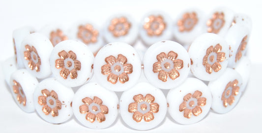 Round Flat With 6-Petal Flower Pressed Glass Beads, White Copper Lined (02010-54200), Glass, Czech Republic