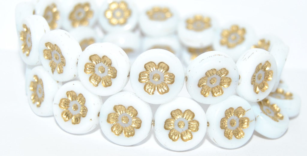 Round Flat With 6-Petal Flower Pressed Glass Beads, White Gold Lined (02010-54202), Glass, Czech Republic