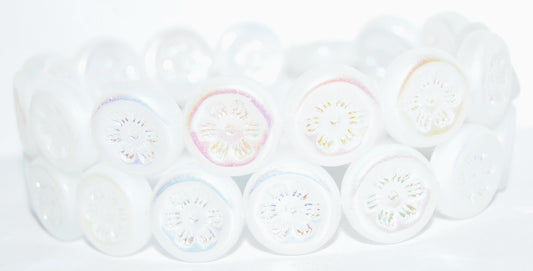 Round Flat With 6-Petal Flower Pressed Glass Beads, Opal White Ab 2Xside (01000-AB-2XSIDE), Glass, Czech Republic