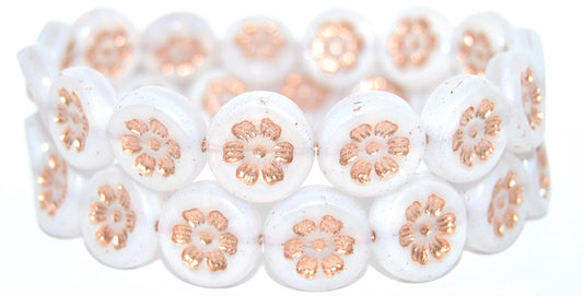 Round Flat With 6-Petal Flower Pressed Glass Beads, Opal White Copper Lined (01000-54200), Glass, Czech Republic