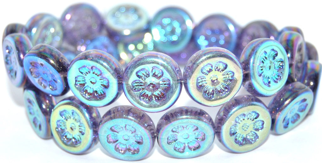 Round Flat With 6-Petal Flower Pressed Glass Beads, Transparent Light Amethyst Ab 2Xside (20500-AB-2XSIDE), Glass, Czech Republic