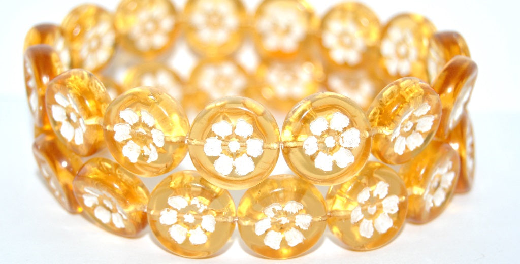 Round Flat With 6-Petal Flower Pressed Glass Beads, Transparent Light Topaz Yellow White Lined (10020-46401), Glass, Czech Republic