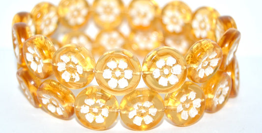 Round Flat With 6-Petal Flower Pressed Glass Beads, Transparent Light Topaz Yellow White Lined (10020-46401), Glass, Czech Republic