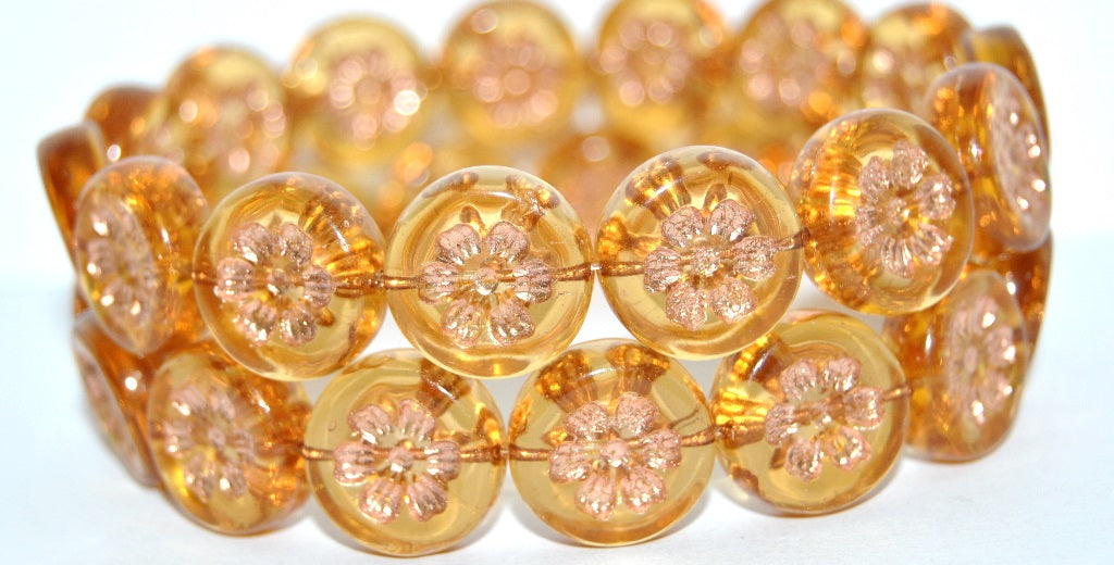Round Flat With 6-Petal Flower Pressed Glass Beads, Transparent Orange Copper Lined (10060-54200), Glass, Czech Republic