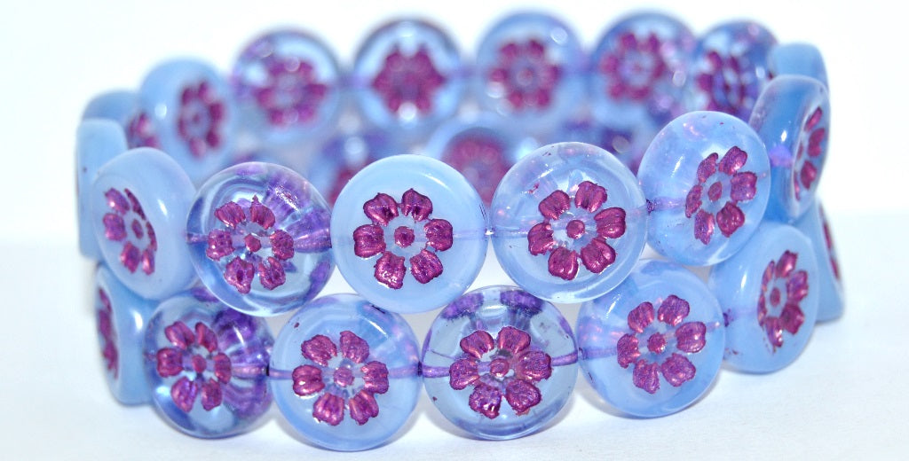 Round Flat With 6-Petal Flower Pressed Glass Beads, Mixed Colors Blue Pink Lined (MIX-BLUE-54321), Glass, Czech Republic