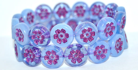 Round Flat With 6-Petal Flower Pressed Glass Beads, Mixed Colors Blue Pink Lined (MIX-BLUE-54321), Glass, Czech Republic