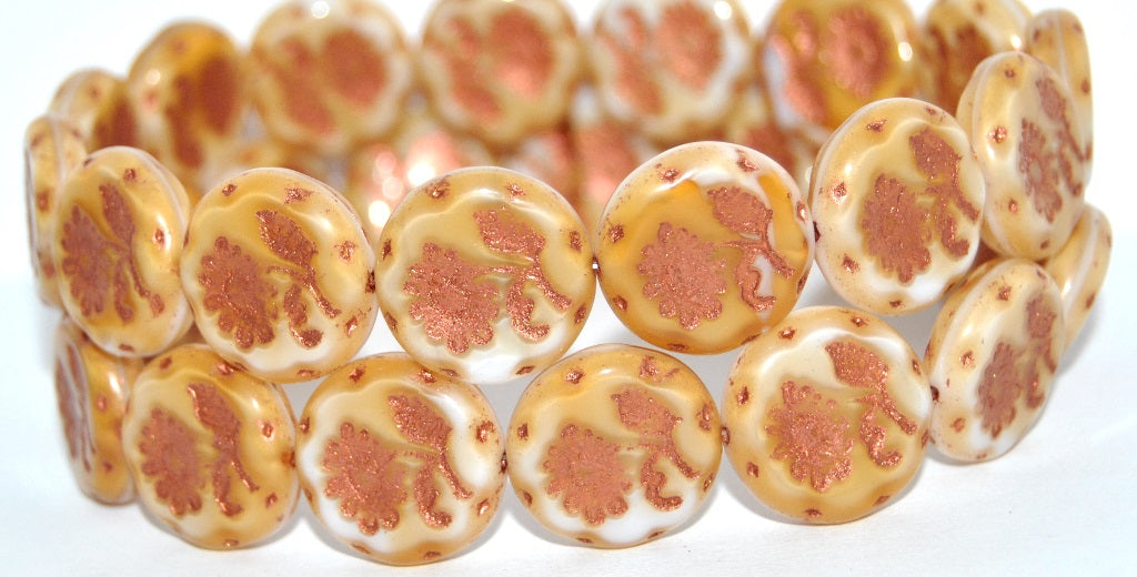 Round Flat With Flower Marguerite Pressed Glass Beads, Dark Beige 55307 (07193-55307), Glass, Czech Republic