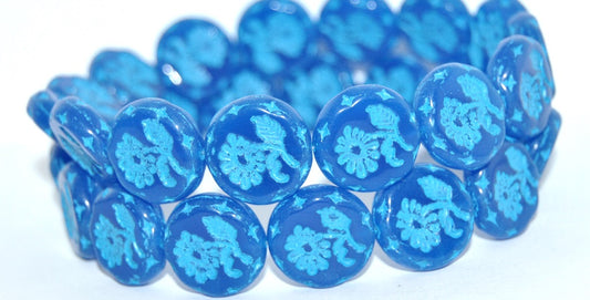 Round Flat With Flower Marguerite Pressed Glass Beads, Blue Light Blue Lined (62010-46460), Glass, Czech Republic