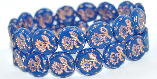 Round Flat With Flower Marguerite Pressed Glass Beads, Blue Copper Lined (62010-54200), Glass, Czech Republic