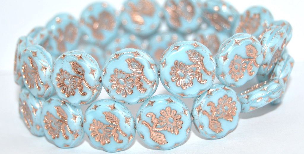 Round Flat With Flower Marguerite Pressed Glass Beads, 64010 Copper Lined (64010-54200), Glass, Czech Republic