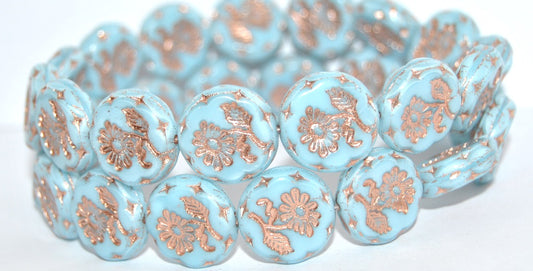 Round Flat With Flower Marguerite Pressed Glass Beads, 64010 Copper Lined (64010-54200), Glass, Czech Republic