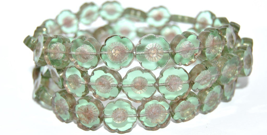 Table Cut Round Beads Hawaii Flowers, Transparent Green Luster Red Full Coated Matt (50500-14495-MATT), Glass, Czech Republic